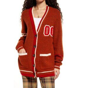 NEW Nordstrom 2022 Varsity Cardigan Rust Brown Oversized‎ Chunky Knit Size Large